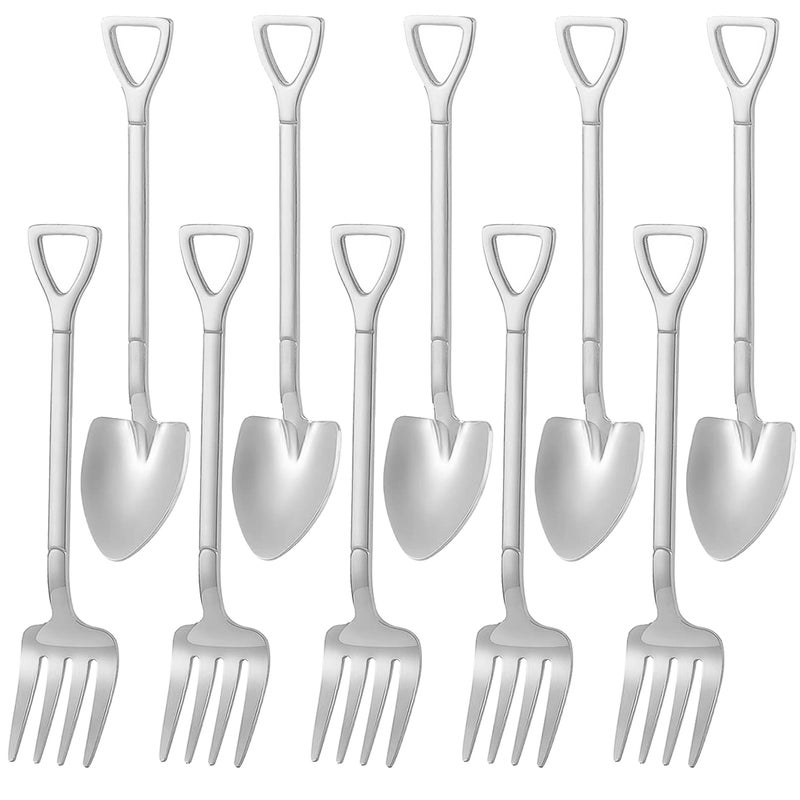 Comicfs Comicf 10 Pcs 4.7 Inches Coffee Spoon Fork, Silver Shovel Shape Dessert Coffee Small Spoon Cocktail Picks Fruit Fork Flatware, Stainless Steel Tea Spoons Set (5 Spoons 5 Forks, Silver) - Image 1